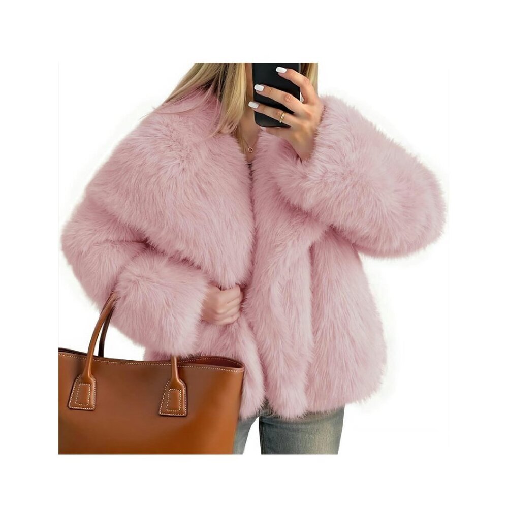 Faux Fur Cropped Jacket with Hidden Pockets - Size S